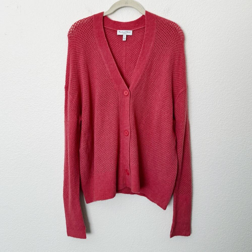 [Michael Stars] Pink Wool Blend Open Knit Cozy V-Neck Cardigan Sweater Sz Large
